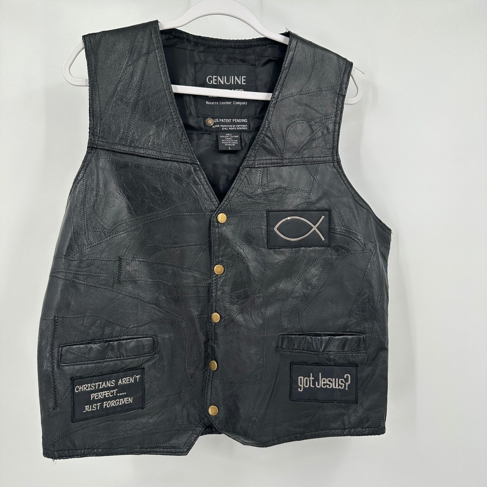 Navarre Leather Mens Leather Vest Sz L Christian Biker Patchwork Genuine Leather